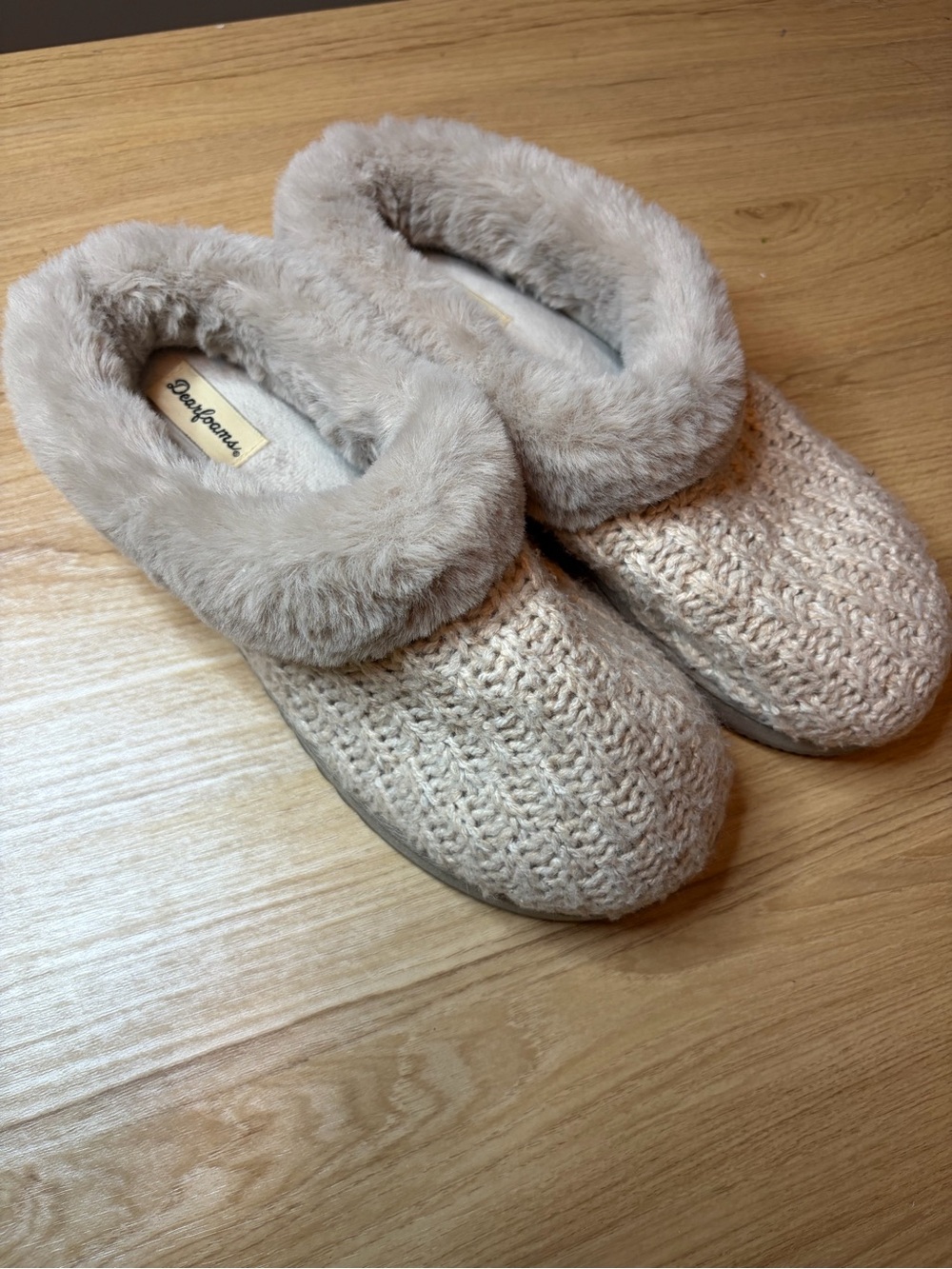 Dearfoams Cream Cable Knit Faux Fur Collar Slippers Clog Womens Large 9-10